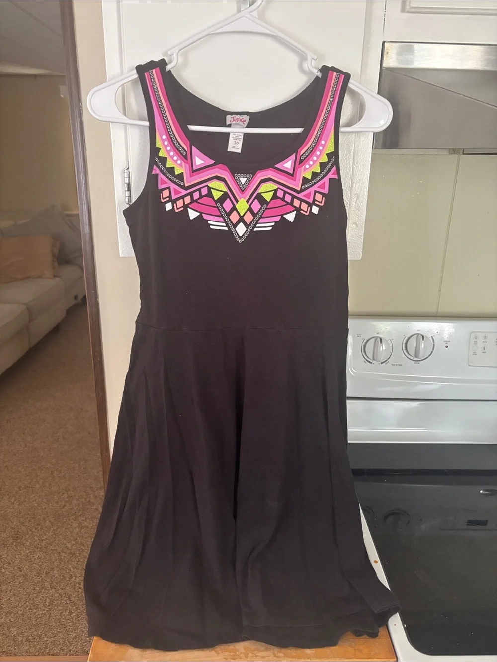Justice Black Tank Dress with Neon Pink & Neon Yellow Tribal Print